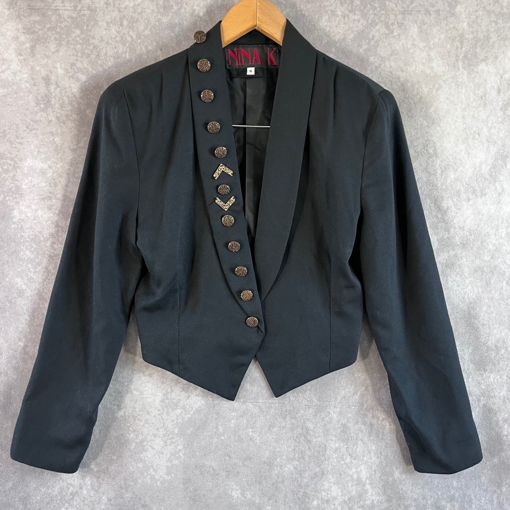 Nina K Cropped Blazer Women S Black Vintage Ornate Button Accent Made in USA